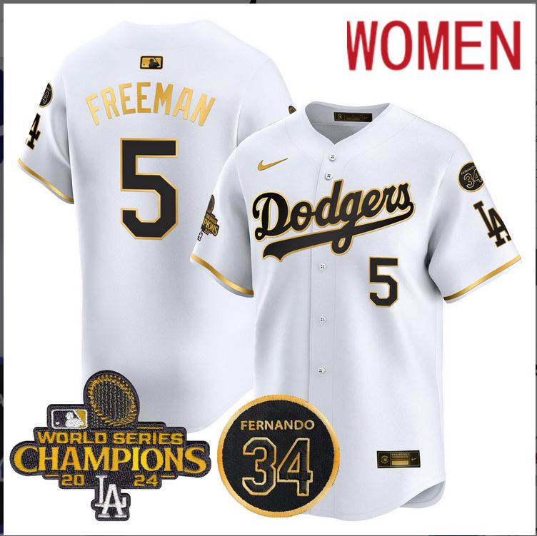 Women MLB Los Angeles Dodgers #5 Freeman white 2024 World Series Champions Patch Limited Jersey style 4->women mlb jersey->Women Jersey